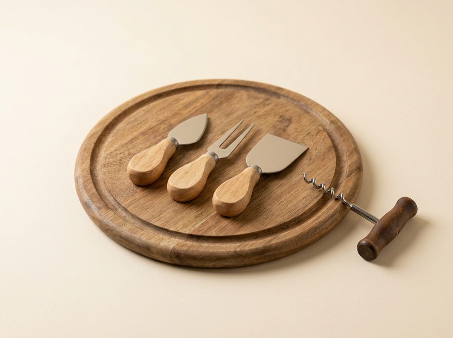 Planche ronde en bois, couteaux à fromage et tire-bouchon