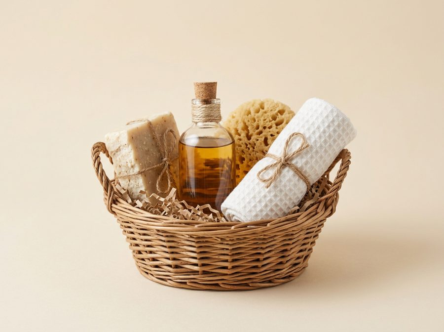 Panier de soins pour le bain : savon, huile, éponge