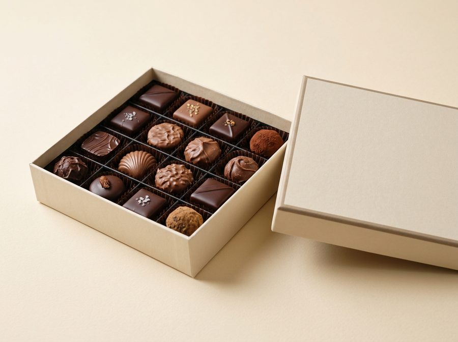 Coffret de chocolats assortis, ouvert