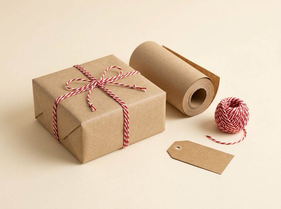 Paquet en papier kraft, ficelle bicolore et étiquette