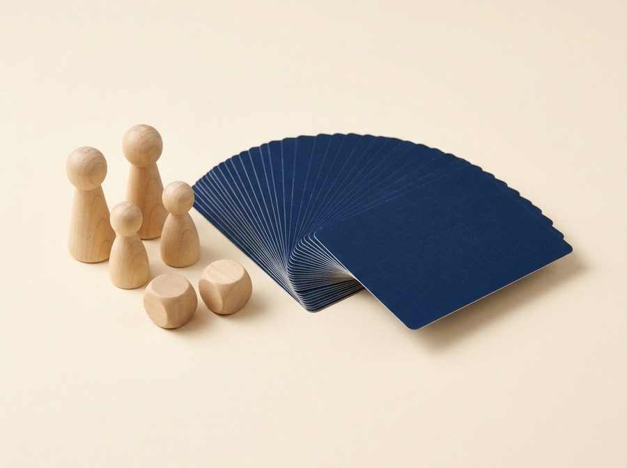 Cartes à jouer, pions et dés en bois