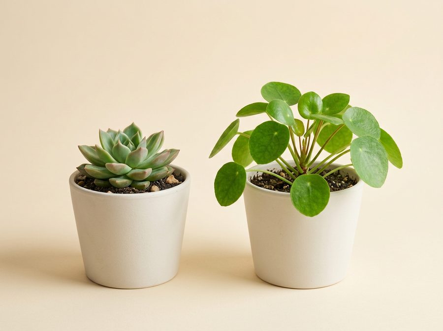 Succulente et pilea en pots de céramique